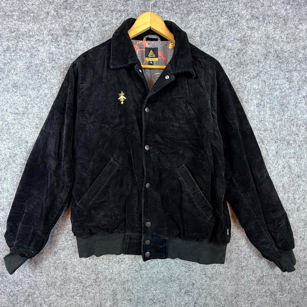 Brixton Visualrelay Bomber Jacket Mens M Black Corduroy Plane Logo Snap Front